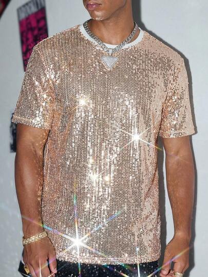 HIMLAND Men Casual Loose Beaded Short Sleeve Sequin T-Shirt, For Party, For Friends Glitter Outfit Menglitter Shirt Mensequin Top Mensequin Men