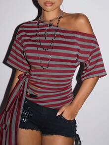 SHEIN ICON Y2k Women's Goth Coachella Concer Club Hippie Gyaru Chinese Style Red And Black Striped Asymmetrical Shoulder Short Sleeve Side Twist Fashionable Blouse,Summer - Multicolor - View 6