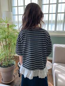 DAZY Tween Girls Round Neck Knit Striped Contrast Lace Trim Short Sleeve T-Shirt, Fall - Black and White - View 6