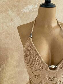 Soleia Đầm len dệt kim không tay cổ yếm màu trơn dành cho nữ, kiểu dáng thường ngày, khoét lỗ. - Màu be - Xem 5