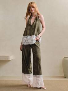 Arave 女士V领无袖拼接蕾丝下摆休闲修身假日派对两件套 - 綠色 - 查看 4