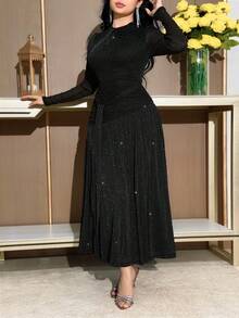 Modelyn 女士扭结褶皱优雅腰身中长连衣裙，适合派对和各种场合 - 黑色 - 查看 4