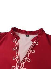 SHEIN LUNE Plus Size Women Red Floral Retro Print Blouse, Loose Fit V-Neck Puff Sleeve Top With Ruffle Design, Summer - Burgundy - View 4