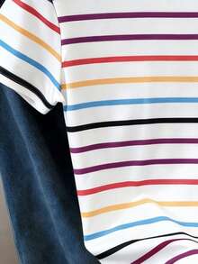 少女彩虹条纹印花宽松T恤，色彩缤纷的休闲舒适T恤，适合春夏穿着，清凉夏日系列，返校必备，夏季女童装，童装时尚，基础款，春夏韩版风格，日常童装 - 白色 - 查看 4