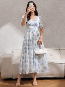 Rafferiza 女士夏季法式休闲优雅蓝色雪纺印花V领泡泡袖收腰显瘦长款休闲度假连衣裙 - 淺藍色 - 查看 5