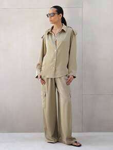 KSTM Pantalones cargo de satén de tiro alto y pierna ancha con bolsillos laterales, pantalones casuales de ajuste relajado para mujer para otoño e invierno - Caqui - Ver 5