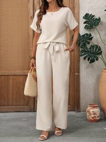 EMERY ROSE Conjunto de camisa y pantalones casuales de vacaciones para mujer - Caqui - Ver 7