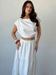 Firerie Women's New White Pleated Cropped Top And Layered Long Skirt Set, Summer White Vacation Midi Skirt Set, Elastic Waist Long Skirt Set, Bohemian Style Set, Spring Summer Outfit, Elegant, Commute, Date, Boho, Vacation, Beach, Skirt Set, Ladies 2-Piece - White - View 8