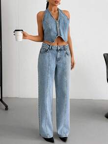 SHEIN Top & Jean Two Pieces Denim Set - Medium Wash - View 6