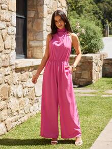 KARISMINA 女士优雅浪漫度假日常宽松垂褶领粉色连体裤，柔软弹力面料，带口袋，适合婚礼宾客穿着，春夏款 - 粉色 - 查看 6