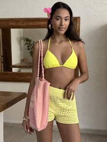 SHEIN Crochet Knit Tote Bag Beach Bag Shoulder Bag Shopper Bag Vacation Bag Summer Bag HollowOut Knit Bag - Yellow - View 3