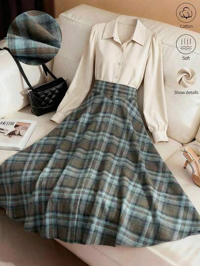 GlowEve 女士酒红色格子拼接衬衫式收腰A字连衣裙，优雅日常法式休闲通勤时尚复古百搭圣诞新年假日商务酒红色长袖连衣裙，秋冬款