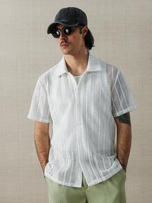 HUEFORM 男士休閒條紋提花紋理寬鬆版型 Polo 衫 開襟針織襯衫 夏季 - 白色 - 查看 5