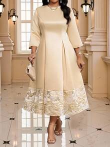 Fleurora 大码优雅拼接七分袖荷叶边下摆中长连衣裙 - 杏色 - 查看 6