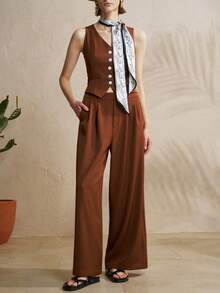 Airaco Bộ vest nữ thanh lịch hiện đại màu trơn gồm áo gile cổ chữ V cài một hàng khuy và quần ống rộng cạp cao, bộ đồ công sở trang nhã, bộ vest thường ngày. - màu nâu - Xem 6