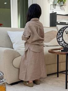 DAZY Young Girls Collared Long Sleeve Shirt With Bow Embroidery & Skirt Set, Fall Outfit - Khaki - View 2
