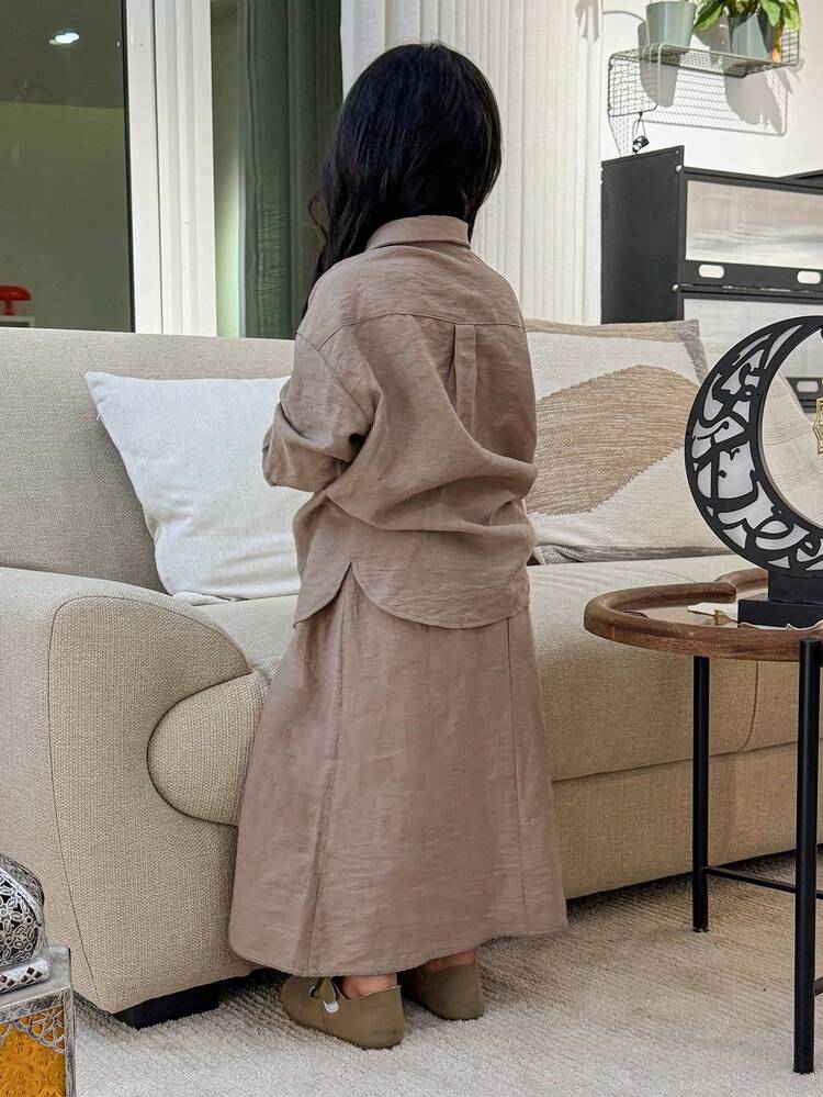 Young Girls Collared Long Sleeve Shirt With Bow Embroidery & Skirt Set, Fall Outfit