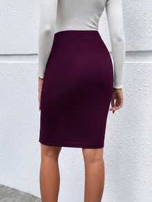 EMERY ROSE 女士纯色高腰侧开衩下摆优雅修身半身裙 - 紫色 - 查看 2