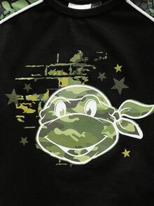 TEENAGE MUTANT NINJA TURTLES | SHEIN 男婴卡通印花圆领短袖T恤和裤子休闲日常套装 - 黑色 - 查看 4