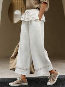 SHEIN Holidaya 女士新款米白色蕾丝拼接灯笼裤 - 松紧腰抽绳，双层荷叶边腰带，系带蕾丝脚踝，波西米亚度假休闲宽松长裤 - 白色 - 查看 1