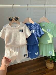 SHEIN 6pcs/Set Unisex Baby Clothes, Summer Casual Cute Solid Color Letter Print Short Sleeve T-Shirt & Elastic Waist Shorts Set, Basic Multi-Pack - Multicolor - View 3