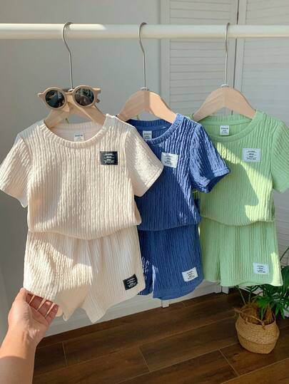 SHEIN 6件套男女宝宝服装，夏季休闲可爱纯色字母印花短袖T恤和松紧腰短裤套装，基础款多件装