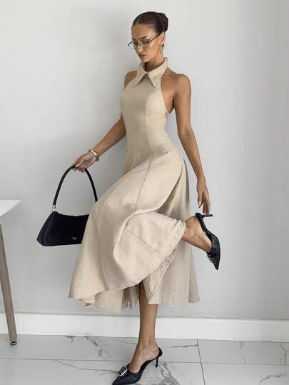 Siren Gaze 女士优雅性感纯色露背吊带中长连衣裙，夏季