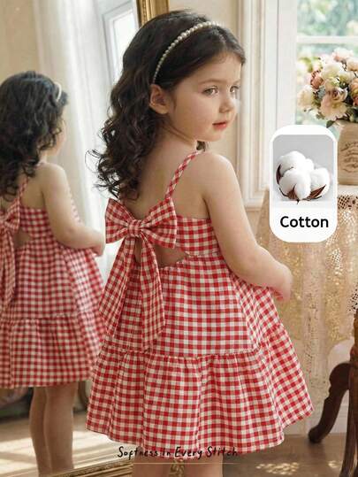 Cozy Pixies Baby Girl Classic Red Plaid Bow Decor Suspender Waist Dress, Versatile & Comfortable Baby Girl Frocks Summer Baby Bow Dress Cherry Dress For Girl Baby Cute Dress Baby Girl Plaid Dress