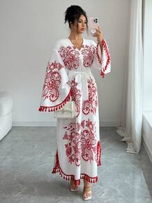 Elenzga Eastern European Retro Print Red & White Contrast Fringe Trim V-Neck Cinched Waist Maxi Dress, Vacation Style - Red and White - View 6