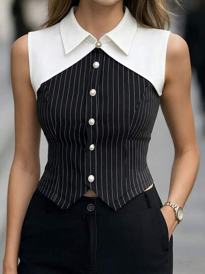 Balvessa Elegant Sleeveless Shirt With Black & White Striped Patchwork, Button Decor, Open Front, Waist Cinched, Suitable For Daily Commute