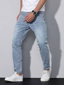 Manfinity Homme Men's Light Blue Embroidered Stretch Slim Fit Jeans - Light Wash - View 5