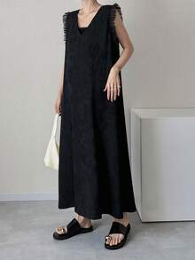 FRIFUL Women's Mesh Patchwork Mid-Length Dress Sundress - Black - View 4