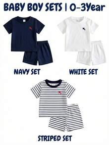 SHEIN 6个月-3岁新生儿男婴男女通用三件套 - 骑士骏马图案海军蓝、白色及海军蓝/白色条纹针织柔软舒适弹力腰带T恤和短裤，适合春夏、休闲、运动、时尚简约风格 - 彩色 - 查看 8