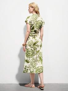 Aveloria Modichic Đầm sơ mi kiểu Bohemian cổ điển in hoa, cài cúc phía trước, xếp ly ở eo, phối màu trắng ngà và xanh ô liu, đa năng cho kỳ nghỉ thanh lịch, đi làm và mặc thường ngày. - Nhiều màu - Xem 2