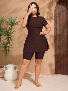 Swim Mulvari Plus Size Women Burkini Set, Ruched Side Tankini Swimwear, Slate Blue - Brown - View 4