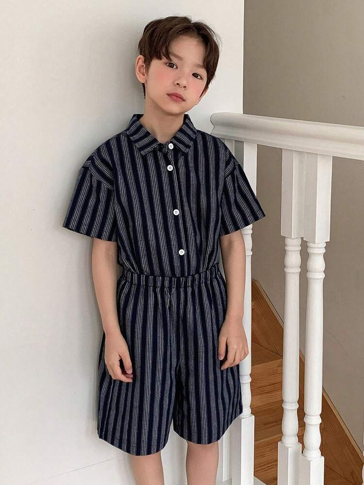 Tween Boys' Summer Casual Striped Shirt And Shorts Set