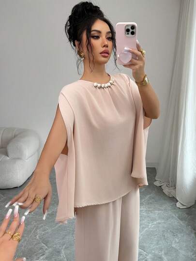 Elenzga Women's Batwing Sleeve Beaded Collar Vacation Style 2 Pieces Set