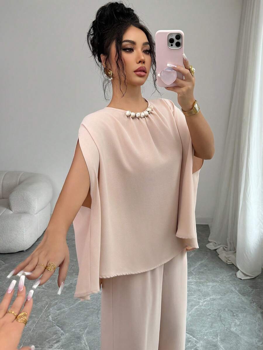 Elenzga Women's Batwing Sleeve Beaded Collar Vacation Style 2 Pieces Set - Dusty Pink - View 1