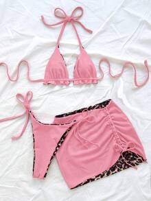 Soleia Women's Leopard Print & Red Color Bikini 3 Pieces Set , Vacation Beach Vacation Outfits For Women - Baby Pink - View 2