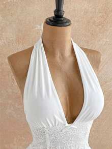 Soleia 新款休闲度假西部海滩婚礼宾客礼服毕业早午餐连衣裙，优雅波西米亚热带情人节圣诞节露背系带裹身裙蕾丝露背蝴蝶结装饰网纱迷你连衣裙，酒红色 - 白色 - 查看 3