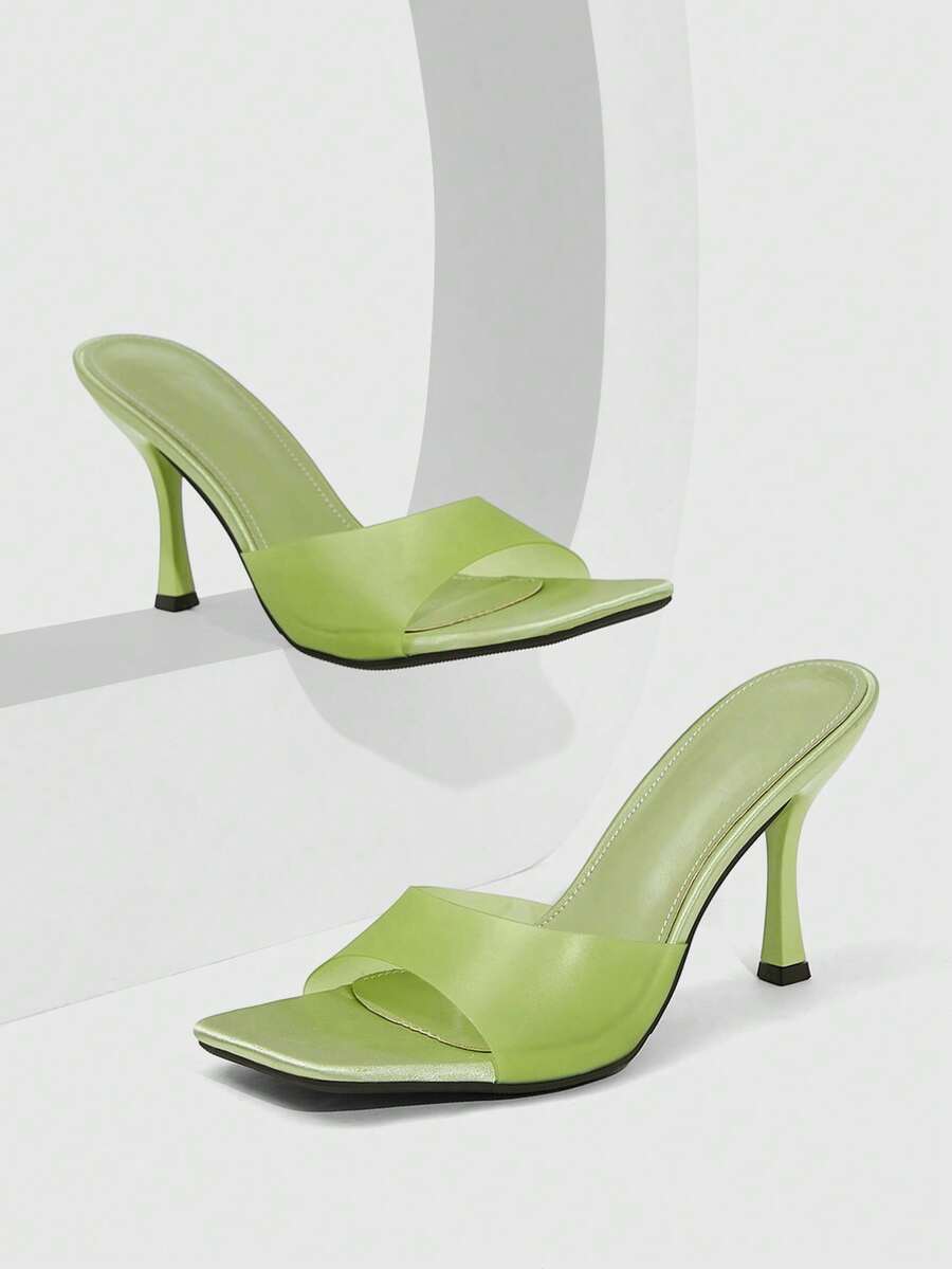 CUCCOO SZL Sandalias de tacón alto minimalistas de punta cuadrada de material de PVC verde para mujer, diseño de color brillante, adecuadas para ir al trabajo, citas, reuniones, fiestas, bodas y otras ocasiones - Verde 4 - Ver 1