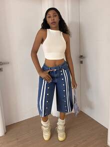 StreetHx Women's Fashionable Casual Sports Style Wide Leg Straight Jeans - Dark Wash - View 3