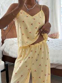 SHEIN 女士泡泡褶皱条纹樱桃印花吊带背心和裤子睡衣套装 - 黃色 - 查看 4