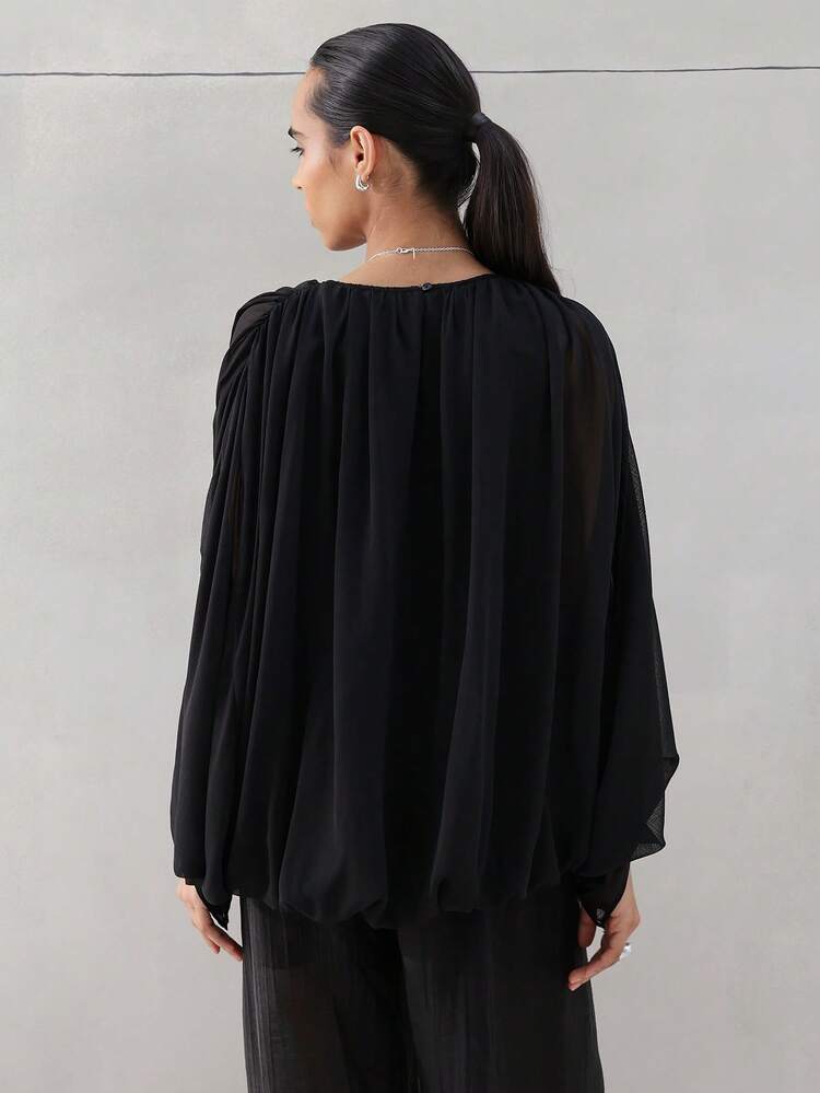 KSTM Women's Long Sleeve Flowing Balloon Blouse Chiffon Ruched Neckline Sheer Top