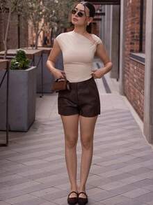 Andrea Bello Women's Casual Metal Decor Pleated Slim Fit T-Shirt, Summer - Apricot - View 6