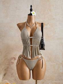 Bellisia Women's Summer Beach Plaid Halter Tie Sexy Tankini Swimsuit Set - Apricot - View 1