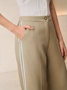Anewsta 女士高腰阔腿西装裤，带口袋、缎带饰边、开衩裤脚、拉链装饰，垂坠感面料，休闲及办公皆宜 - 卡其色 - 查看 5