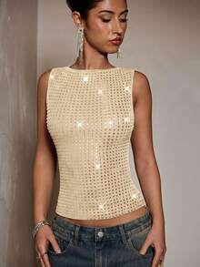 SHEIN BAE 酒红色无袖水钻水晶闪亮紧身优雅背心，适合派对、夜店、鸡尾酒会、宴会、夜间外出、舞会、约会、秋冬季叠穿等场合。 - 杏色 - 查看 6