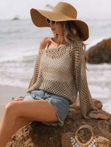 Selianne Vestido de playa de verano, diseño hueco de punto suelto, hilo brillante, adecuado para vacaciones, playa, festivales de música, atuendo de moda - Champán - Ver 1