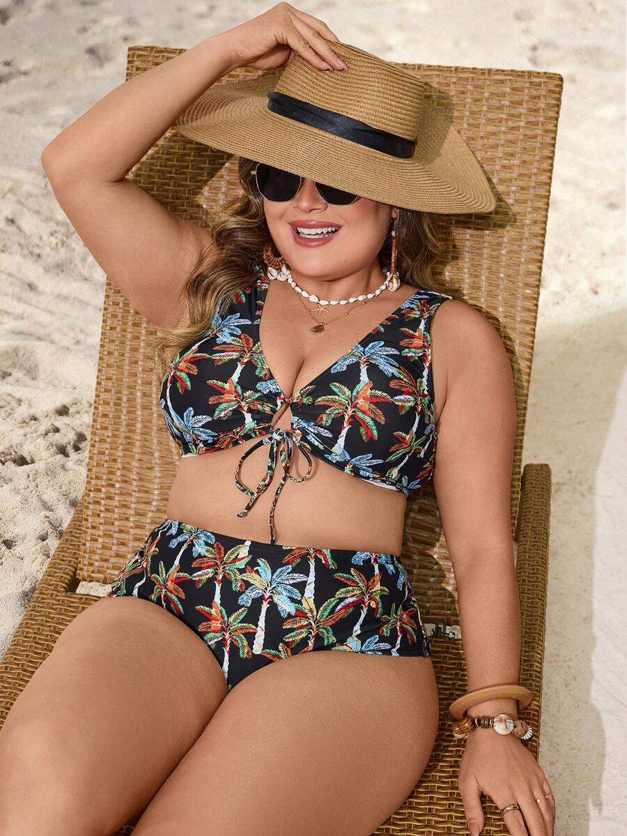 Swim Lushoire 2026 New Plus Size Women's Fresh Hainan Style Digital Print 2-Piece Swimsuit, Removable Padded Bra, Drawstring Waist, Hollow-Out Design, Slim-Fit High-Waisted Triangle Bottoms, Casual Elegant Resort Beach Swimwear - Multicolor - View 1